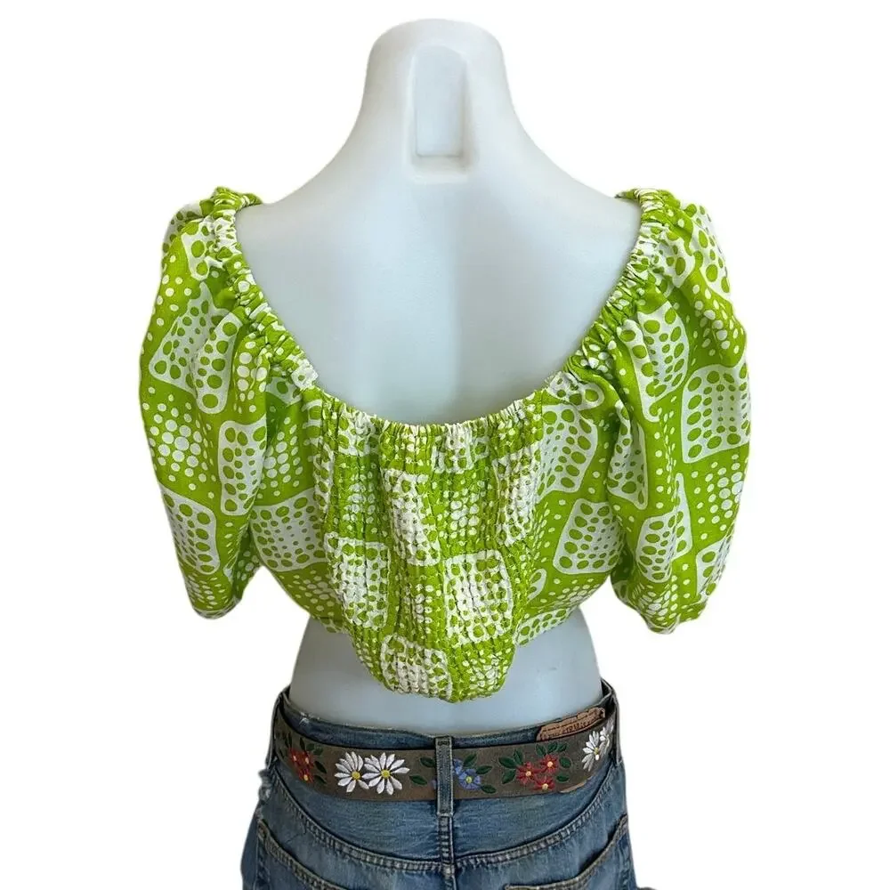 The Odells Patchwork Crop Top LARGE Bright Green Smocked Linen Designer $148 - Picture 8 of 10